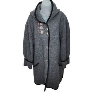 Vintage LL Bean Gray Hooded Womens Embroidery Gray New Wool Button Front Coat XL